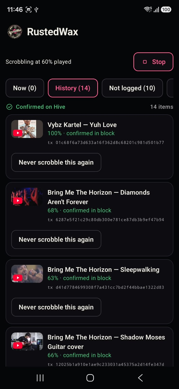 RustedWax History tab on Android, listing scrobbles confirmed on Hive with their transaction ids