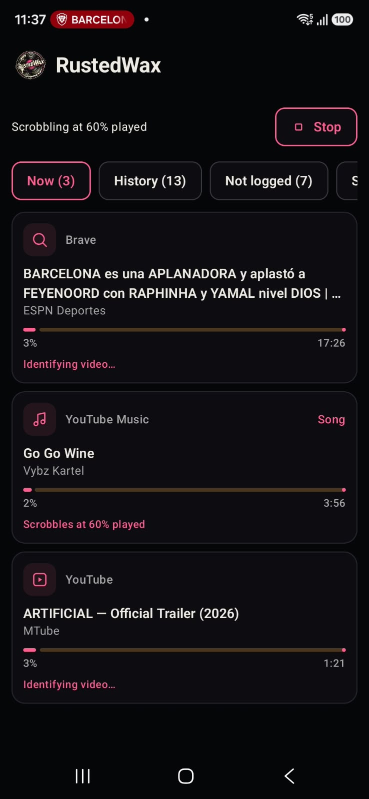 RustedWax Now tab on Android, showing Brave, YouTube Music and YouTube playing items with progress and scrobble status